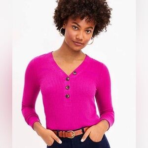 Womens LOFT Henley Waffle Knit Long Sleeve Raspberry Top Shirt